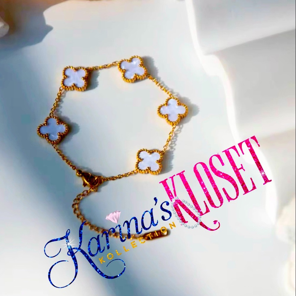 Mother of Pearl Clover Bracelet Gold Plated Double Sided Dainty Bracelet
